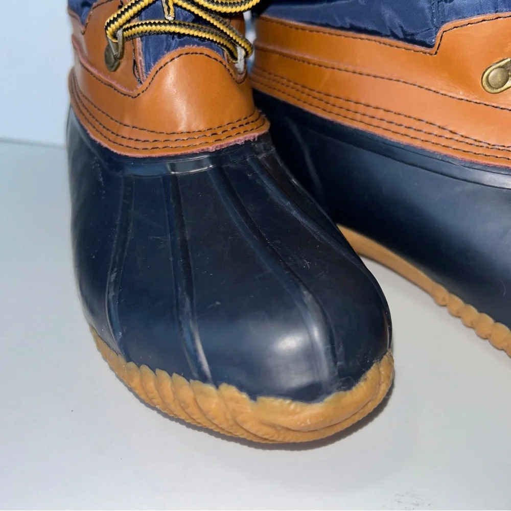 Lands' End Duck Boots Women's 7.5 Sherpa Lined Navy Camel Waterproof Lace Up‎